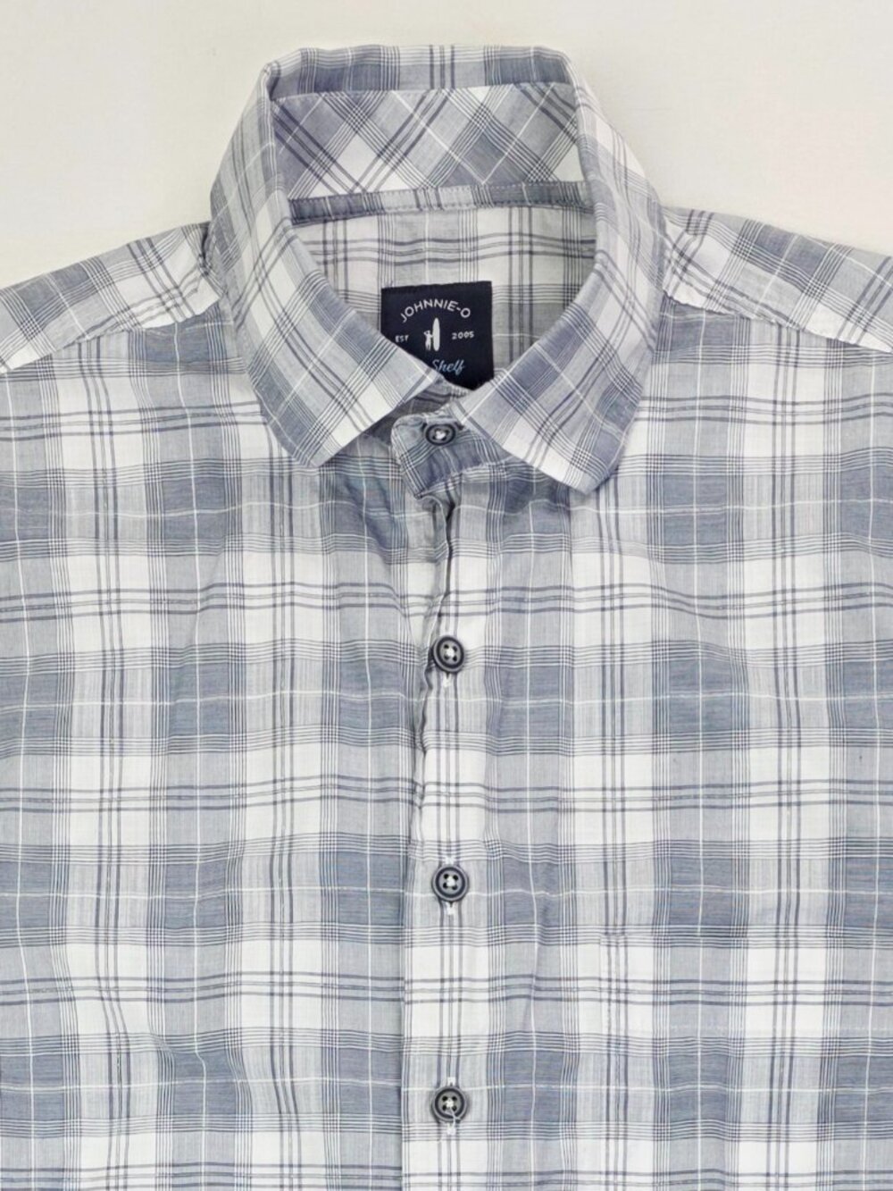 Johnnie O Top Shelf Blue White Check Mens Size Small Embroidered Logo Shirt